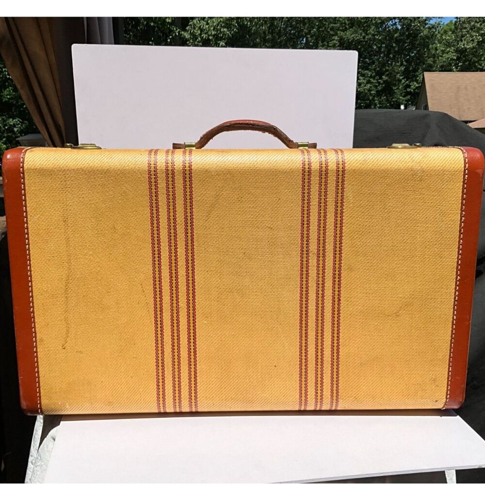 Large striped vintage suitcase great display piece must see brown & rust colors - Picture 2 of 9